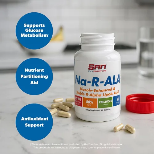 Vista 3 de SAN 's Na-R-ALA - Ácido R-alfa lipoico estabilizado 125mg por porción [alta potencia y mayor absorción], 60 cápsulas