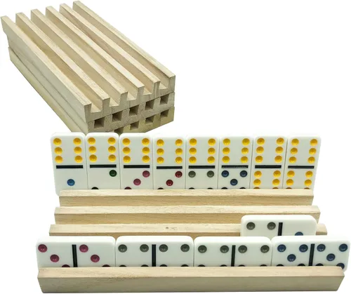 Vista 4 de Yuanhe Domino - Juego de 4 soportes de madera para azulejos mexicanos de tren rummy