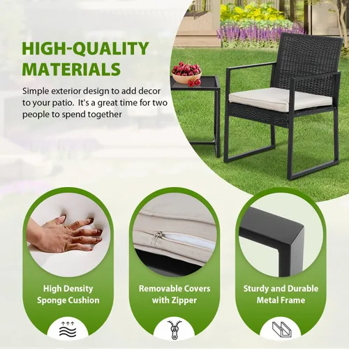 Vista 11 de PayLessHere Juego de muebles de patio al aire libre de 3 piezas Caqui Moderno juego de bistró de ratán con sillas acolchadas y mesa de centro