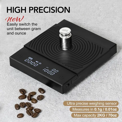 Vista 3 de Báscula de café TIMEMORE Black Mirror Basic 2 con temporizador, báscula de cocina de alta precisión de 2kg/0.1g, báscula de café expreso con función