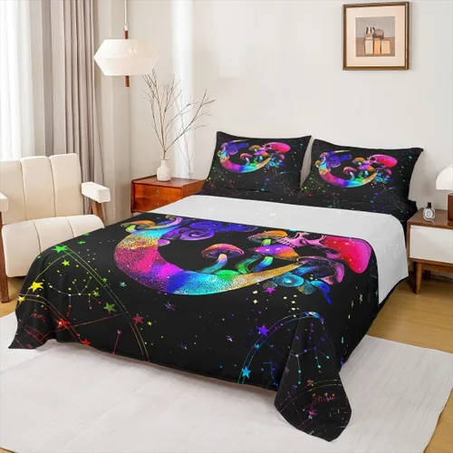 Vista 17 de Erosebridal Juego de sábanas tamaño individual con estampado de luna, diseño de flores de loto, color morado degradado, juego de sábanas orientales