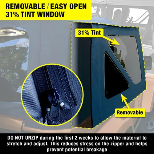 Vista 4 de Revestimiento superior estilo de fábrica Sierra Offroad para Jeep Wrangler TJ (1997-2002), funda blanda con vidrios polarizados, sin puertas Negro