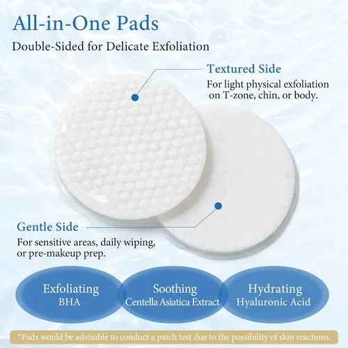 Vista 6 de Almohadillas de tóner exfoliantes para cara y cuerpo, suaves para pieles sensibles, 1% ácido salicílico, limpieza y suavización de poros, con cica