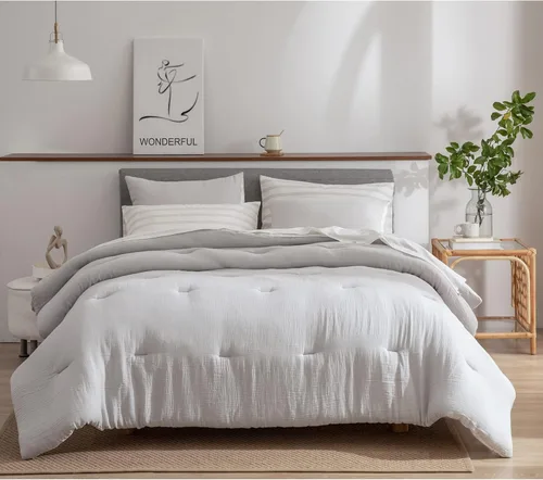 Vista 2 de SHALALA - Juego de ropa de cama ligera de gasa de algodón gris claro, edredones gris claro para cama King, juegos de cama suaves y cálidos con juego