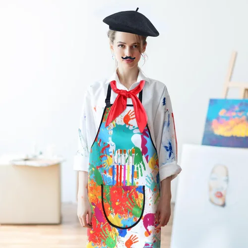 Vista 7 de Kyson Disfraz de artista para adultos, 8 piezas, pintor, Halloween, vestido con boina, delantal, paleta, pinceles, aretes, bandana y barba