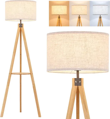 Vista 10 de ELYONA Lámpara de pie con trípode de madera estilo granja con mesa, lámpara de pie de lectura moderna con 3 temperaturas de color, bombilla LED