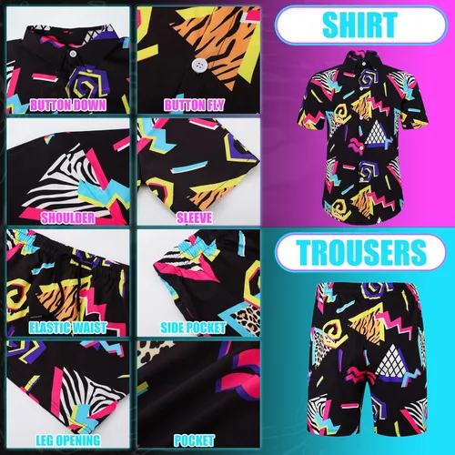 Vista 3 de Conjunto de 2 piezas de camisa y pantalones cortos retro de los años 80 y 90 con sombrero, trajes de playa hawaianos para hombres, fiesta