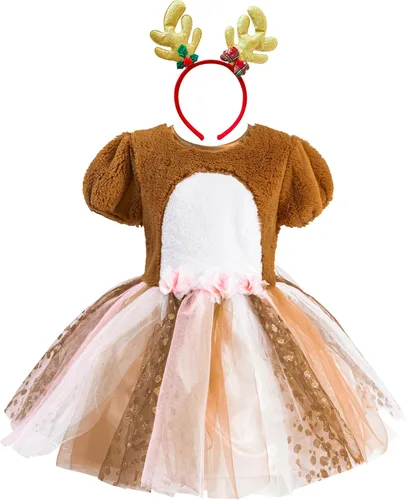 Vista 4 de IKALI Girls Deer Fawn Costume Toddlers Kids Christmas Fancy Tutu Dess Animal Dress Up Reindeer Outfit