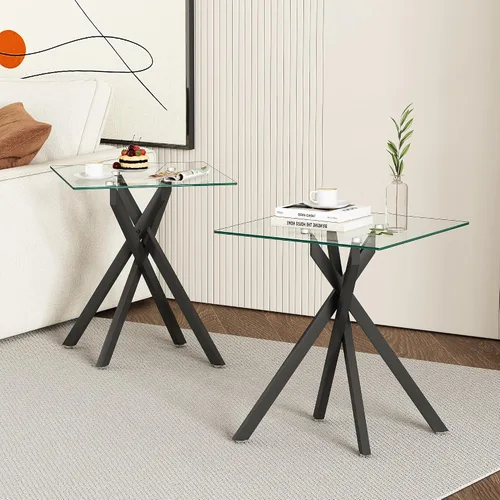Vista 13 de Mesa auxiliar moderna de cristal, mesa auxiliar cuadrada para sofá, mesa auxiliar negra con parte superior de vidrio templado transparente y patas