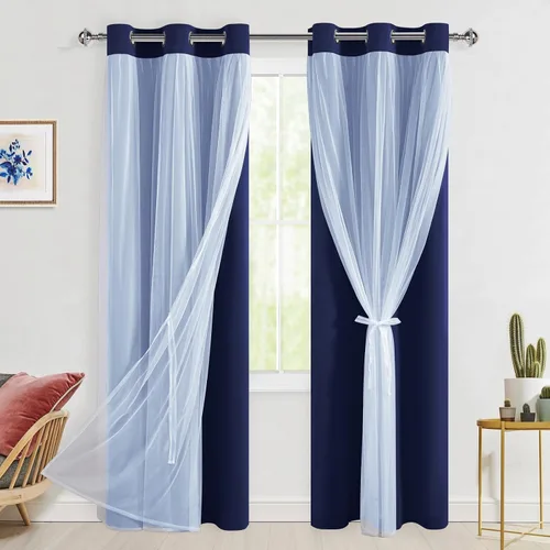 Vista 30 de Hiasan Cortinas opacas con superposición transparente, aislamiento térmico para mezclar y combinar de doble capa, cortinas de oscurecimiento de Beige