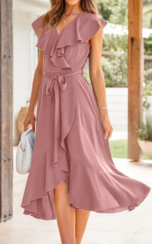 Vista 5 de PRETTYGARDEN Vestido largo cruzado de verano para mujer, estilo casual, bohemio, cuello en V profundo, manga corta, dobladillo con volantes, vestido