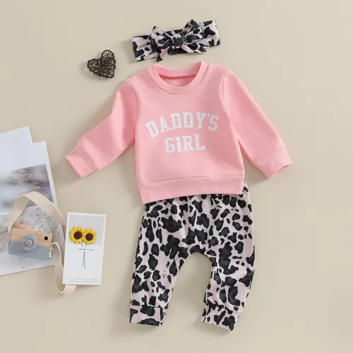Vista 6 de CIYCUIT Conjunto de 3 piezas de sudadera de margaritas + pantalones + diadema, ropa infantil de otoño e invierno