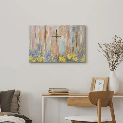 Vista 5 de Arte de pared enmarcado con cruz y flores, pintura al óleo floral cristiana, impresiones en lienzo, carteles religiosos abstractos, graffiti