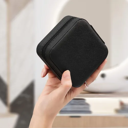 Vista 6 de XZUZ Joyero de viaje pequeño con espejo, organizador de joyas portátil, caja de almacenamiento para aretes, anillos, collares, joyería ase