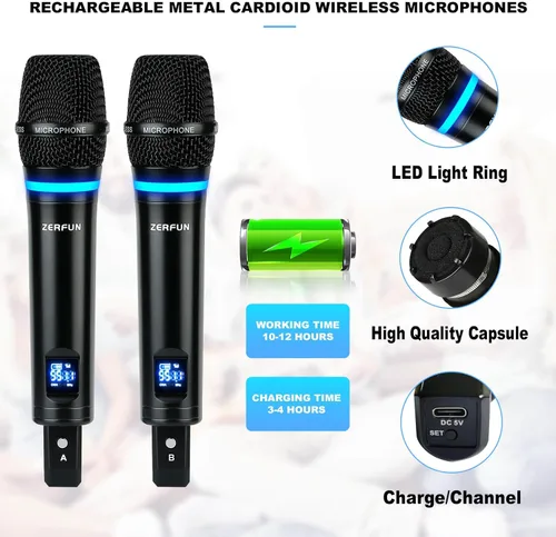 Vista 3 de Sistema de Micrófono Inalámbrico Recargable de 4 Canales, Micrófono de Mano de Metal UHF Profesional con Auriculares y Micrófono de Solapa Lavalier