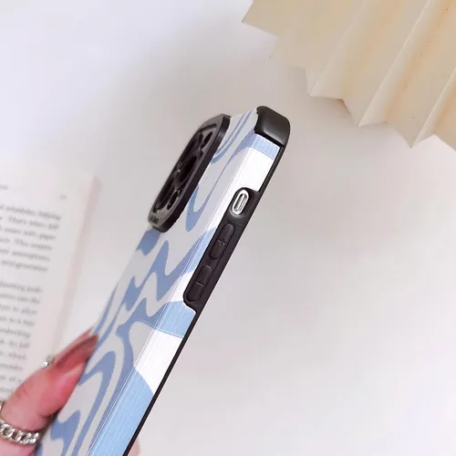Vista 3 de Funda para iPhone 12 Pro Max para mujer, diseño de ondas azules y blancas, delgada, protectora, a prueba de golpes, funda trasera de piel sintética