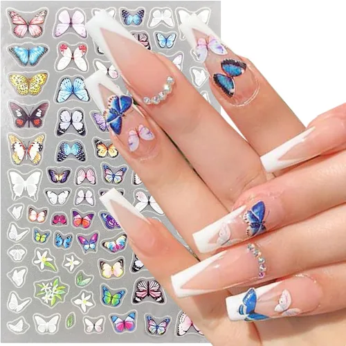 Vista 6 de 5 hojas de calcomanías de arte de uñas de mariposa, 3D coloridas mariposas, suministros de arte de uñas, mariposas, flores, calcomanías Con