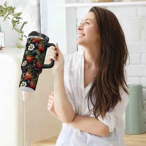Vista 6 de Botella de agua de viaje de boca ancha con diseño de fresas de frutas, tapa a prueba de fugas y pajita, taza de té decorativa con tapa para agua, té