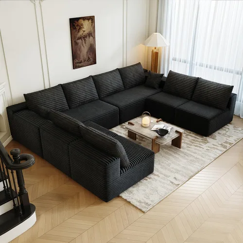 Vista 36 de Sofá modular modular de 139.4 pulgadas, sofás minimalistas en forma de L con diván de asiento medio, moderno sofá convertible de asiento profundo