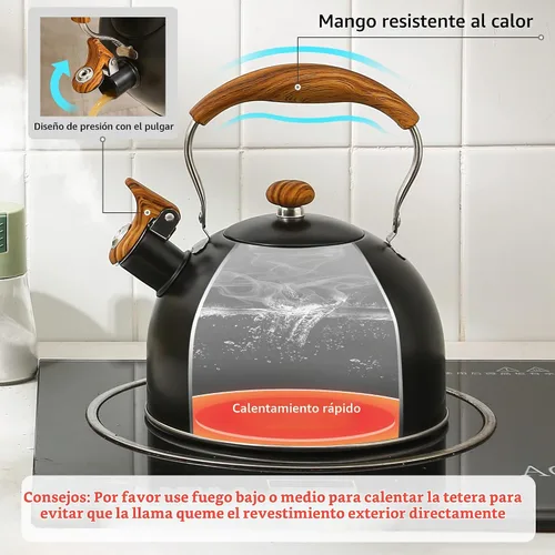 Vista 3 de LONFFERY Tetera para estufa, hervidor de té silbante de 2.5 cuartos de galón, con mango plegable de acero inoxidable de grado alimenticio