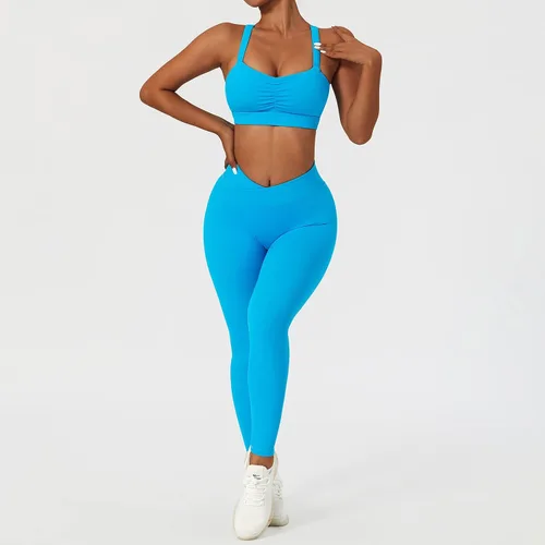 Vista 4 de ABOCIW Conjuntos de entrenamiento para mujer, 2 piezas, cintura cruzada, leggings de cintura alta, tirantes deportivos, para ejercicio, gimnasio