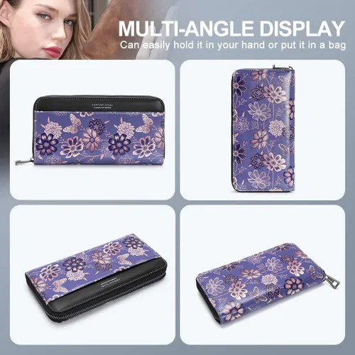 Vista 5 de APHISON Billetera para mujer, de gran capacidad, para tarjetas de crédito, RFID, monedero, luna, lindo, animal, floral, celular, pulsera, teléfono
