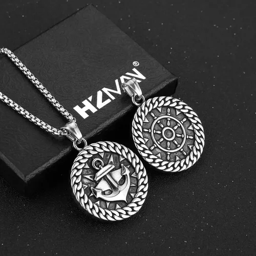 Vista 3 de HZMAN Collar de ancla náutica vikingo nórdico para hombres y niños, de acero inoxidable, brújula y timón, regalo de joyería, Acero inoxidable, No es