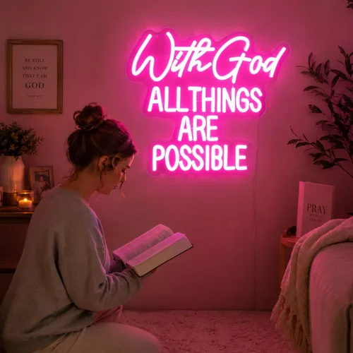 Vista 6 de Letrero de neón con texto en inglés "With God All Things Are Possible" para decoración de pared, letrero de neón LED rosa, luz de neón regulable