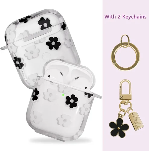 Vista 2 de Funda compatible con AirPods, funda de TPU suave con bonito patrón de flores para AirPods de 2 y 1 generación con llavero colgante y mosquetón
