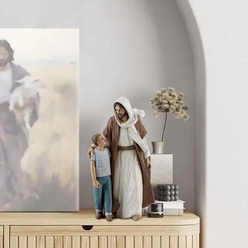 Vista 3 de Escultura de Jesucristo con niño, regalo de la primera comunión para niños, escultura pintada a mano, decoración moderna religiosa del hogar