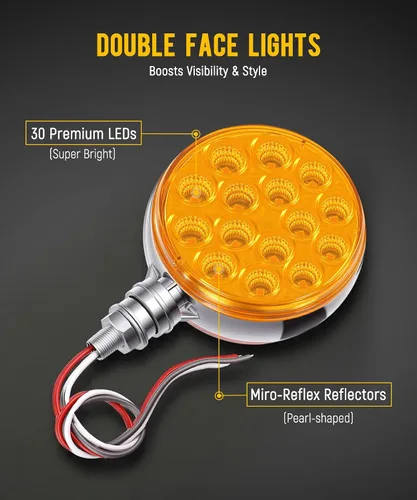 Vista 2 de Partsam 2 luces LED redondas de doble cara de 3 pulgadas, color rojo/ámbar, 30 luces LED para guardabarros, señal de giro cromada, Miro-reflex