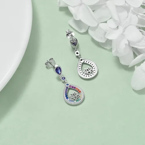 Vista 4 de AXELUNA Aretes de loto para mujer, plata de ley, chakras, flor de loto, aretes colgantes de gota para yoga, regalos para mujer, Plata de ley, plata
