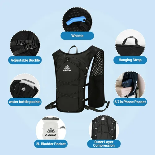 Vista 8 de Esoes Chaleco para correr mochila de hidratación para hombres y mujeres, paquete de chaleco con bolsa de agua de 2 litros, mochila de agua ligera