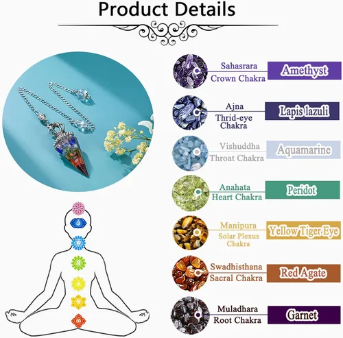 Vista 6 de Jovivi Péndulos naturales de cristal curativo de 7 chakras para radiestesia de adivinación, corona de 6 hechos, piedras de resina puntiagudas
