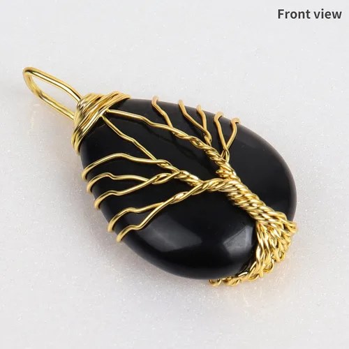 Vista 6 de Collar con colgante de árbol de la vida en forma de lágrima, cristal curativo, collar de piedra natural, alambre de cobre dorado, joyería