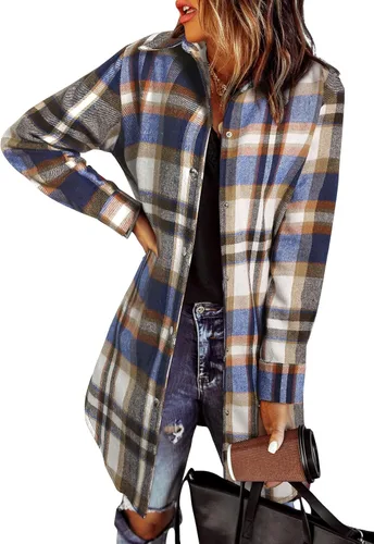 Vista 10 de EVALESS Chamarra Shacket de Cuadros con Bloques de Color para Mujer, Ropa de Otoño, Conjuntos de Moda 1b marrón
