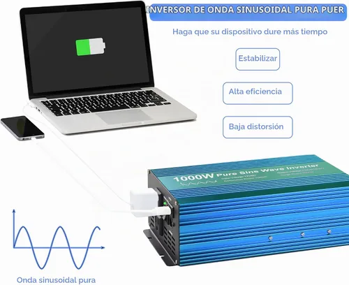 Vista 3 de Inversor de Potencia de Onda Senoidal Pura 1000W DC12V a AC 110V con enchufes duales y USB, kit con LCD y control remoto. (1000W)