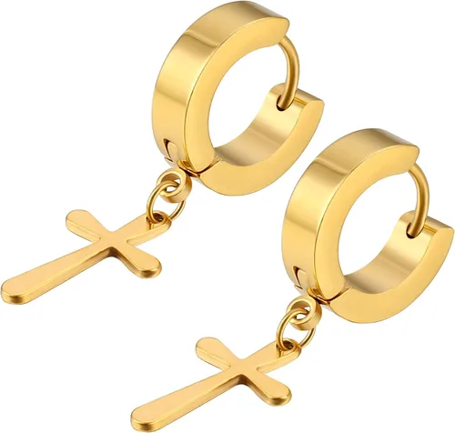 Vista 5 de Halawly Juego de aretes de aro de acero inoxidable para mujeres y niñas, 3 pares6 pares10 pares pequeños, enormes plateados, dorados, negros, cruz