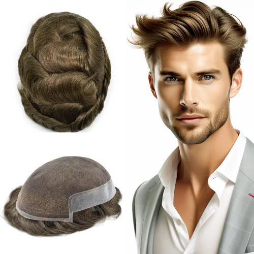 Vista 39 de Mens Toupee Remy Human Hair System For Men Bleached Knot Toupee Hair Piece For Men French Lace Toupee For Men Hairpiece 8X10#17 Dark Ash Blonde 90%