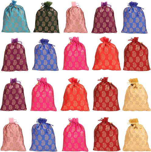 Vista 11 de Touchstone Bolsas de cordón tradicionales indias hechas a mano en tejido brocado con patrón de hojas de ficus. Perfecto para regalos, joyas, bodas