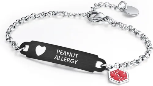 Vista 15 de Divoti Pulsera de identificación médica con grabado previo – Cadena simple Rolo de acero inoxidable plateado, resistente al agua con símbolo