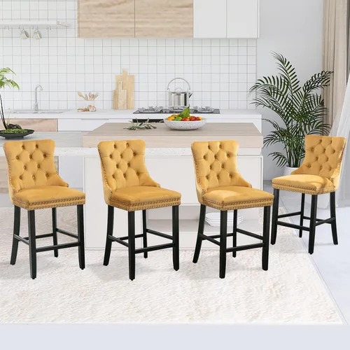 Vista 218 de SoarFlash Juego de 2 taburetes de bar tapizados de terciopelo moderno con patas de madera, botones acolchados, cabeza de clavo cromada, asiento