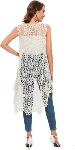 Vista 2 de Chaleco largo casual de ganchillo para mujer, ajuste holgado, con encaje, estilo bohemio, cárdigan sin mangas