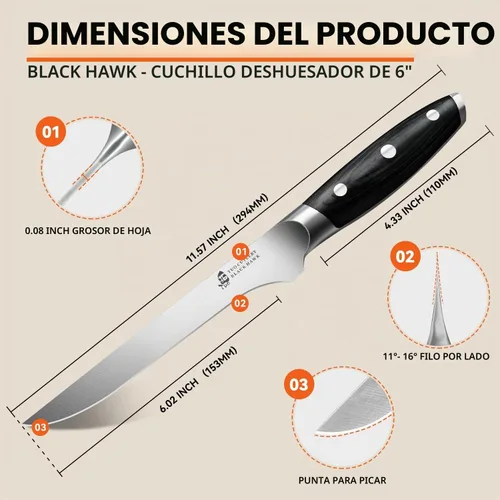 Vista 3 de TUO Black Hawk - Cuchillo de filete de 6 pulgadas para recortar grasa de carne, desollado de ciervos, mango de espiga completa, acero alemán de alto