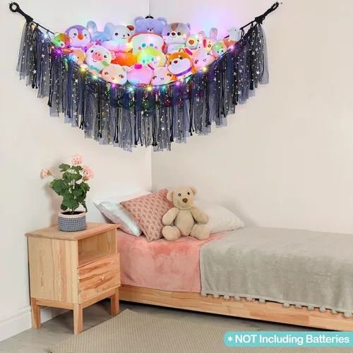 Vista 7 de FIOBEE Red de Animales de Peluche o Hamaca con Luz LED, Hamaca de Juguetes Colgante Organizador de Almacenamiento Soporte para Animales de Peluche