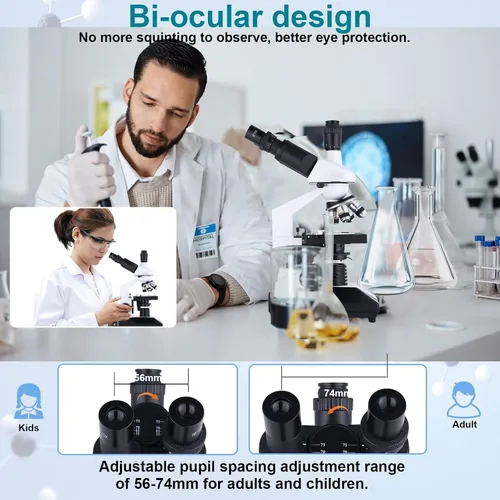 Vista 6 de Herwicm Microscopio trinocular compuesto 40X-5000X Ampliación, Microscopio profesional de grado de investigación, Dos niveles de iluminación LED