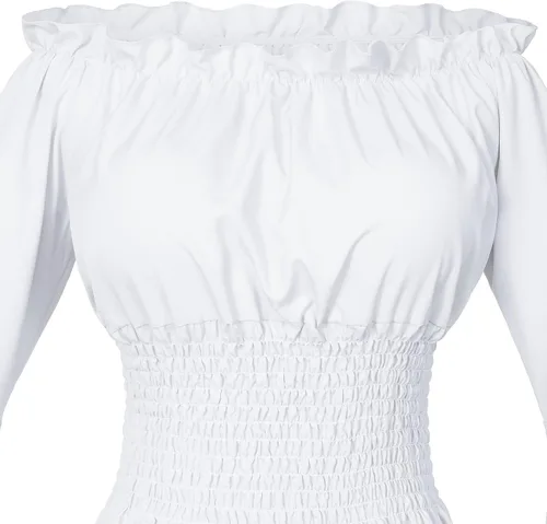 Vista 8 de Conjunto de blusa estilo renacentista victoriana campesina con volantes y cintura fruncida estilo bohemio pirata con cinturón