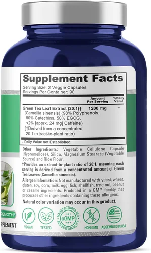 Vista 2 de NusaPure Extracto de té verde extra fuerte 20:1, 24000 mg, 180 cápsulas veganas, 50% EGCG, 98% polifenoles y 80% catequinas, potente extracto 20x