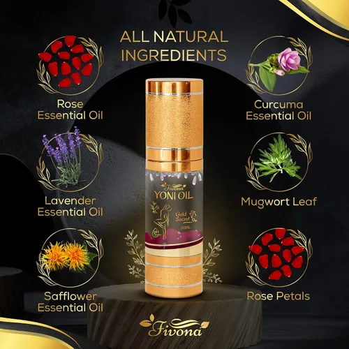 Vista 4 de Fivona Yoni Oil Gold Secret para el cuidado femenino calmante, mezcla natural de aceites esenciales, mezcla de aceite de hierbas hidratante