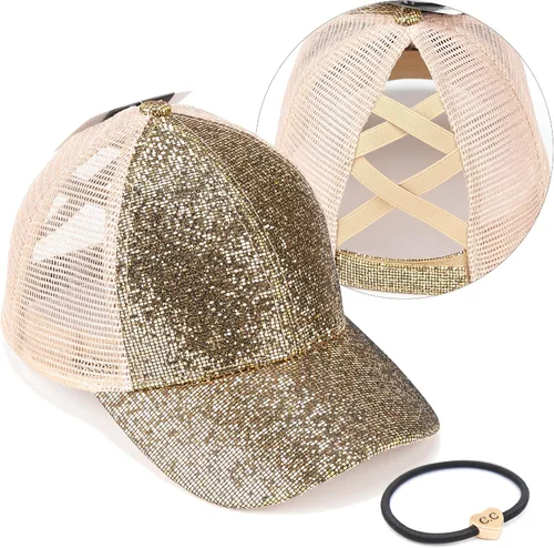 Vista 70 de C.C Gorra de béisbol de malla con diseño de estrella brillante, gorra de camionero ajustable para moño o cola de caballo Una banda elástica-negro